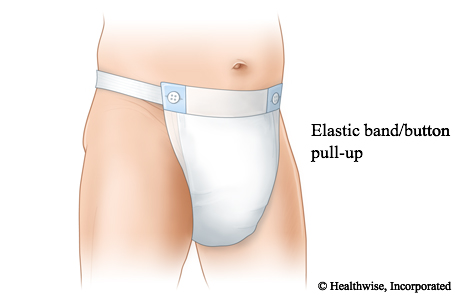 Pull-up adult underwear with elastic bands that attach to the front