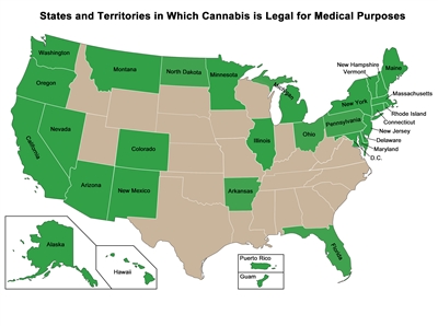 A map showing the U.S. states and territories that have approved the medical use of Cannabis.